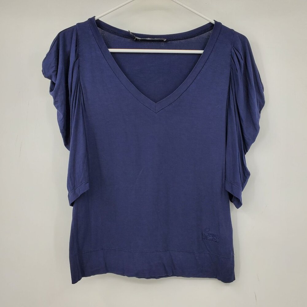 Love Moschino Ruffle Sleeve Blue V Neck Short Sleeve Shirt Top 4 Quiet Luxury